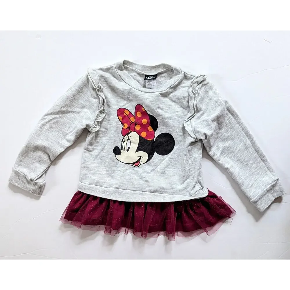 Disney Minnie Mouse Sparkly Tulle Skirted Sweatshirt – Size 4T – Red & Gray